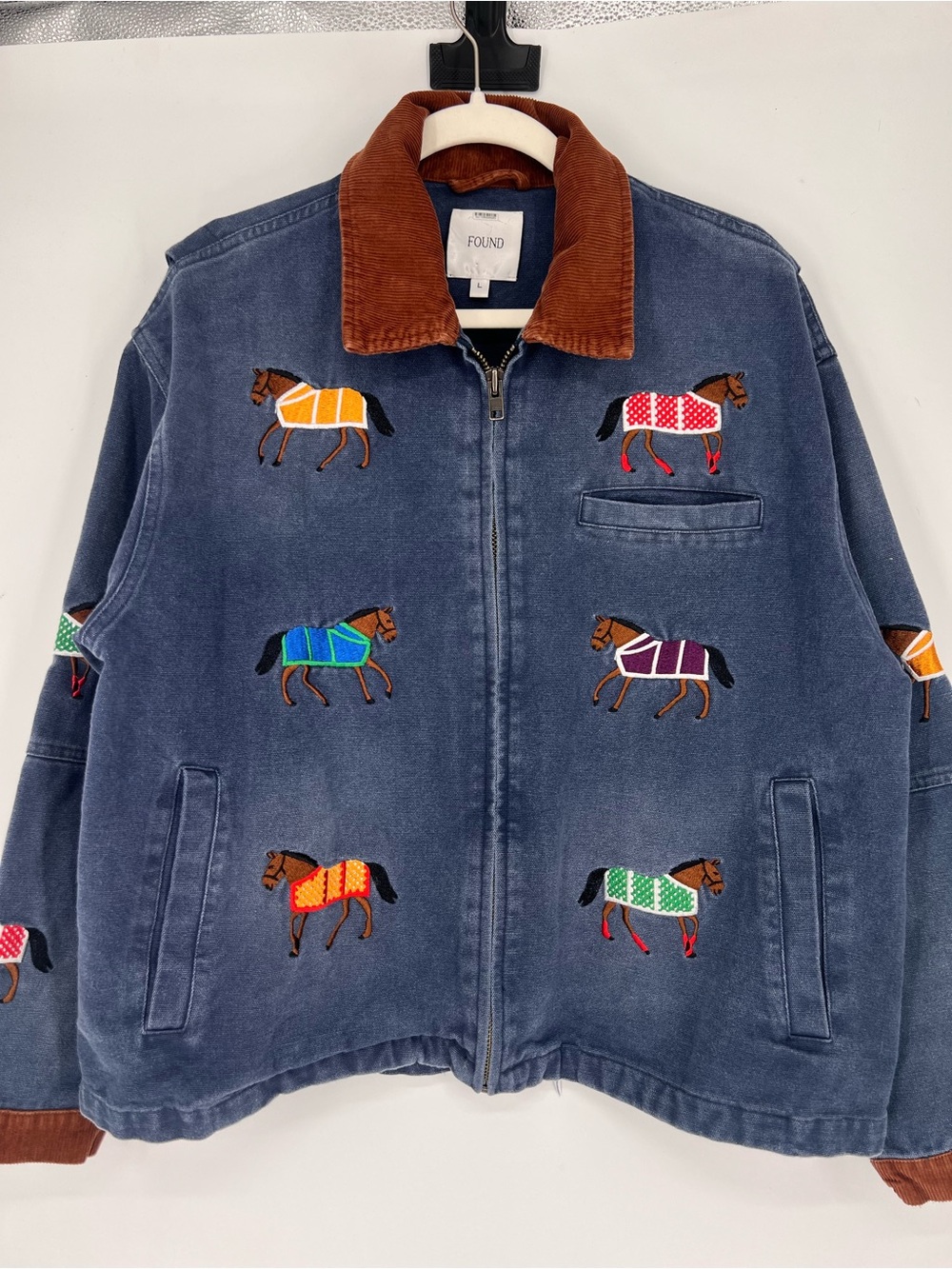 Found Lariat Blue Embroidered Horse Western Bohemian Utility Barn Jacket L - Picture 11 of 16